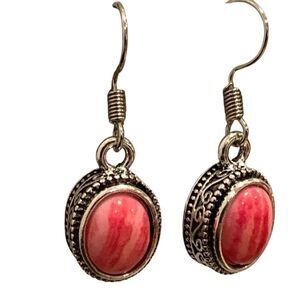 Balinese Style Coral Red Stone Drop Earrings Dark Silver Tone